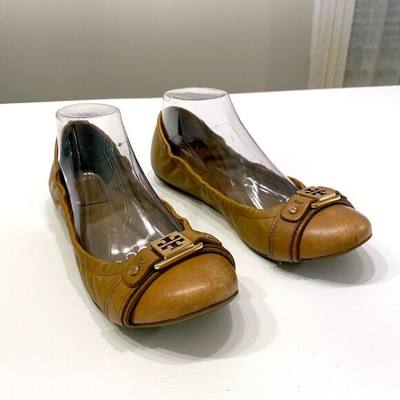 Tory Burch Ambrose Ballet Flats Leather Camel Brown‎ Gold Buckle Size 8 M
